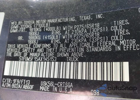 2010 Toyota Tundra Grade 5.7L V8 из США, поврежденный, VIN 5TFUW5F15AX145153